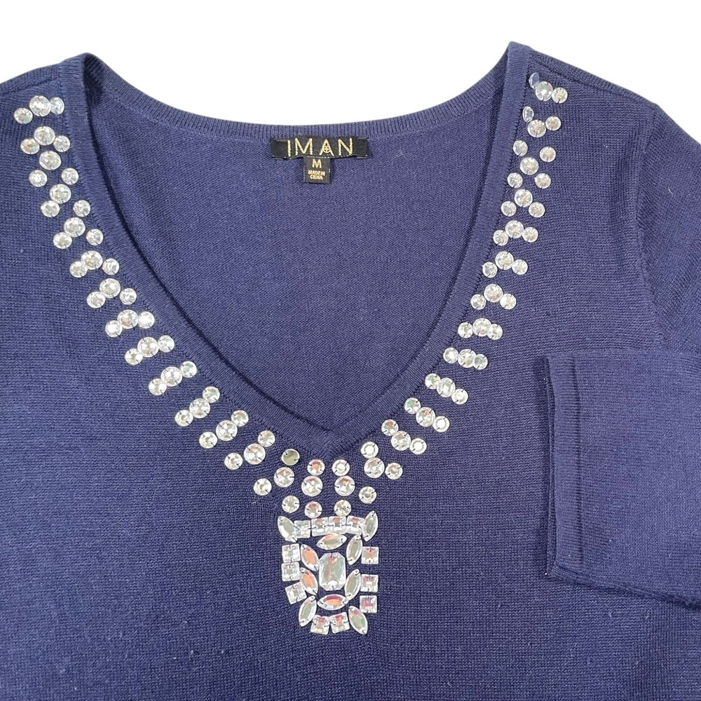 IMAN M Navy Blue V-Neck Tunic Rhinestone Cashmere Blend 3/4 Sleeve Glam Sweater